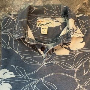 Vintage Crazy Shirts Hawaiian Polo L Jacquard Short Sleeve Shirt Blue And White